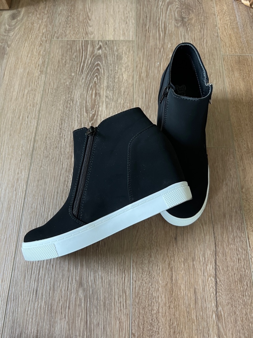 Brash Black Wedge Sneaker Booties with White Sole